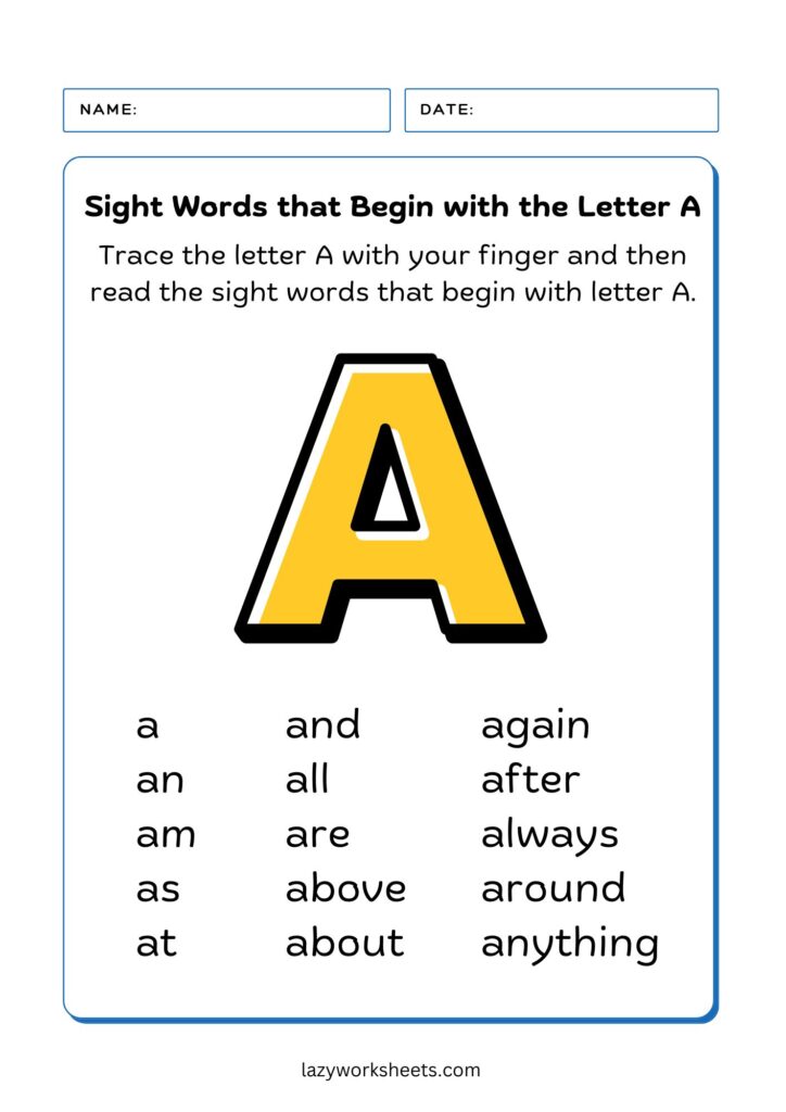 Sight Words Letter A