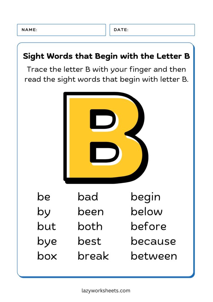 Sight Words Letter B Chart