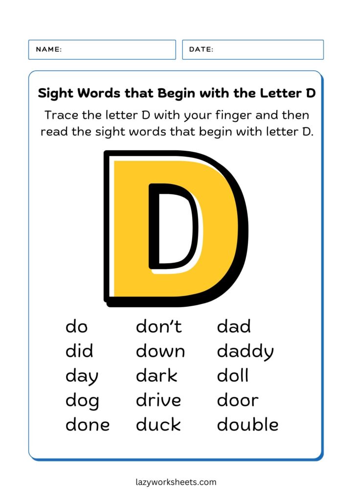 letter D sight words chart