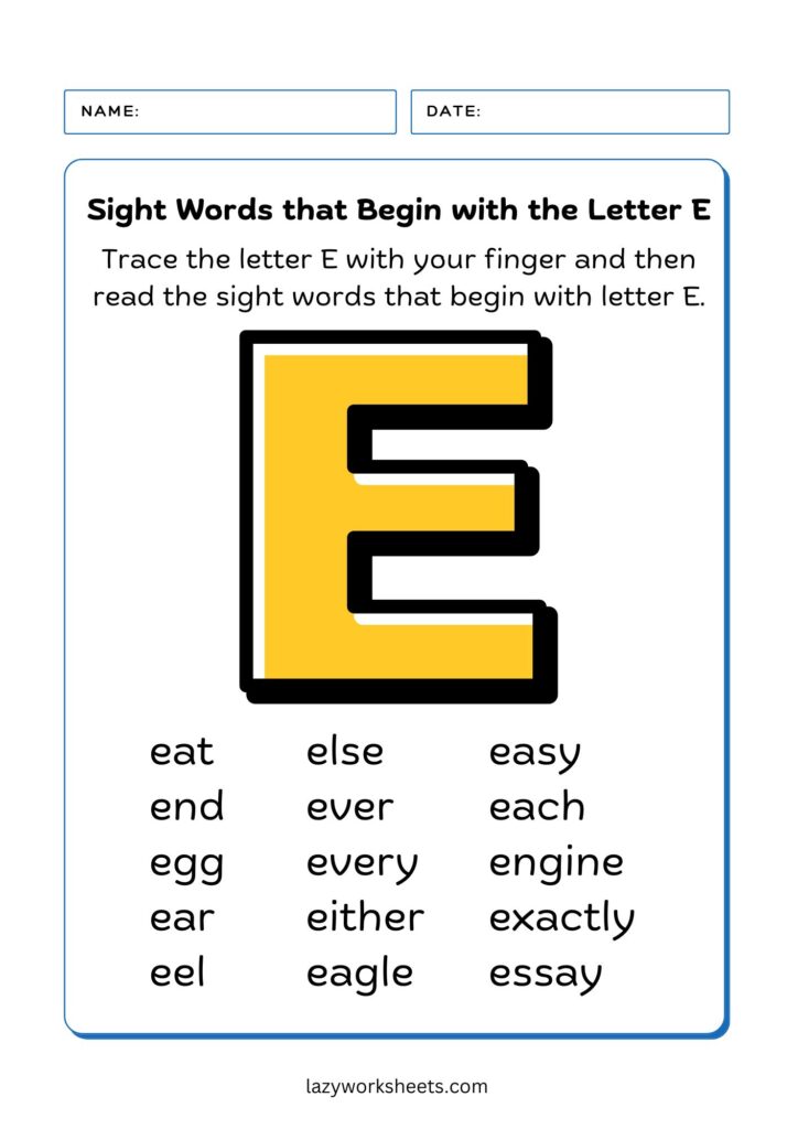 letter E sight words chart