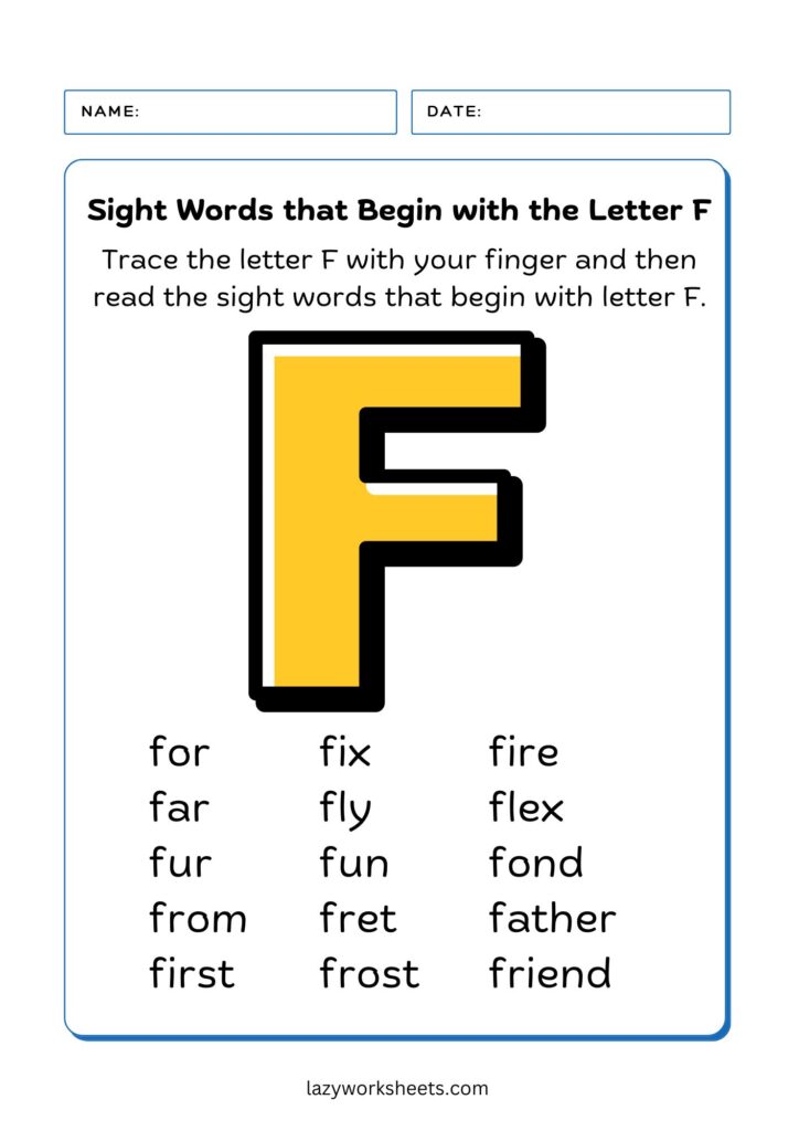 letter F sight words chart