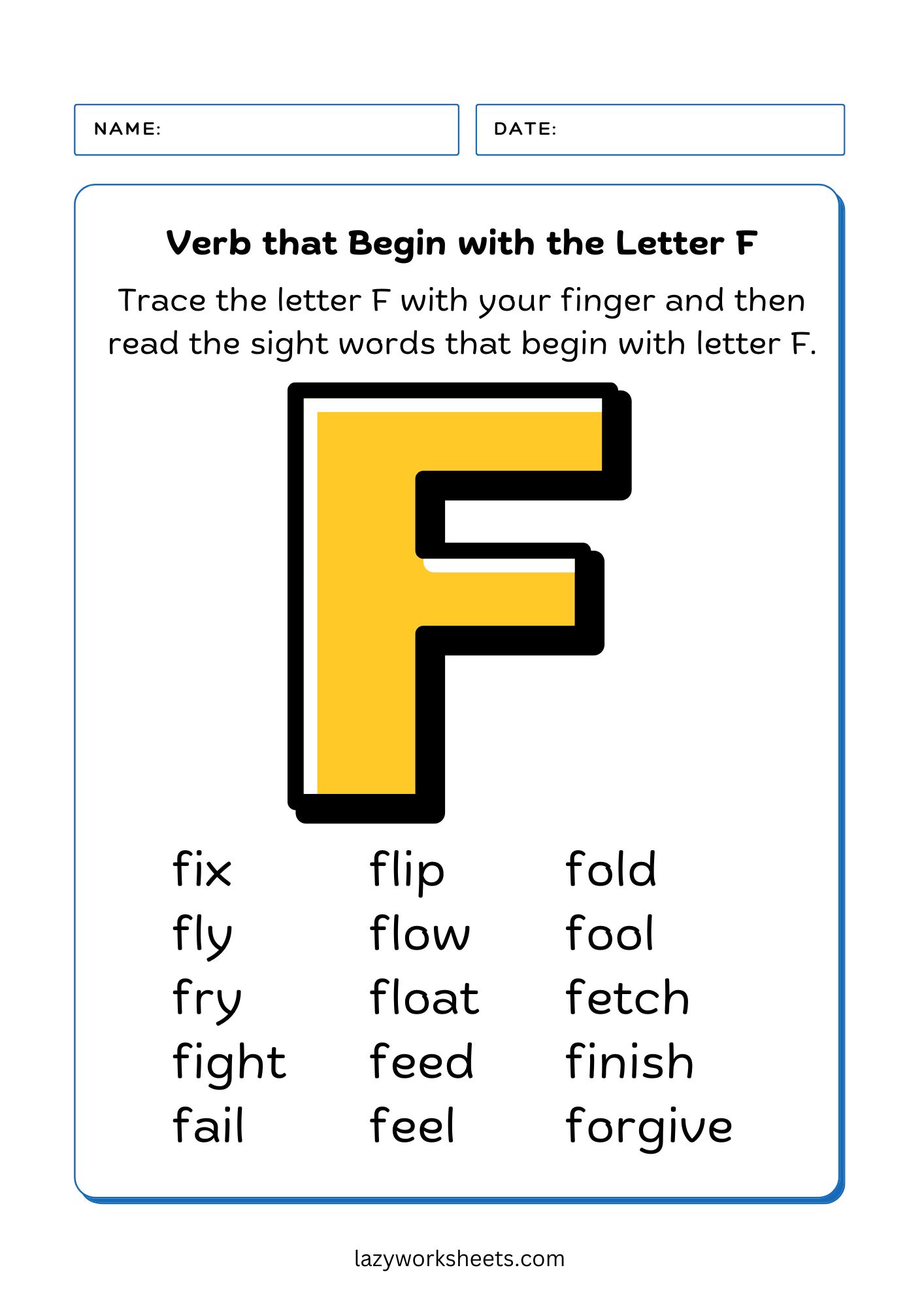 letter F verbs chart