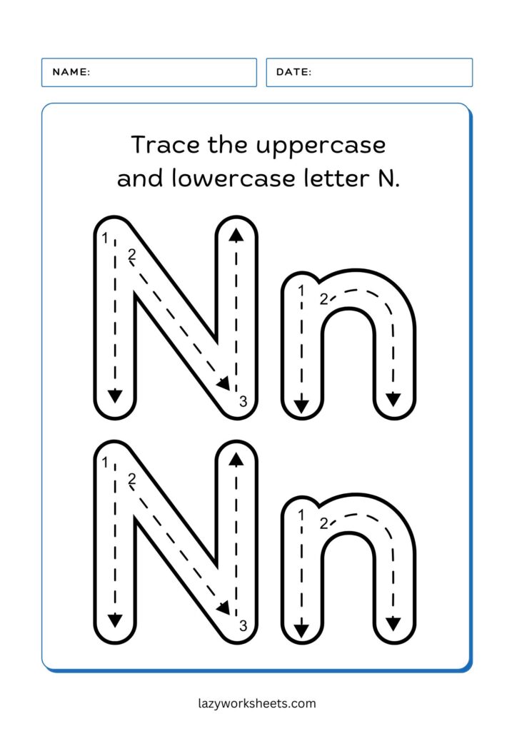 trace the letter N worksheet 3