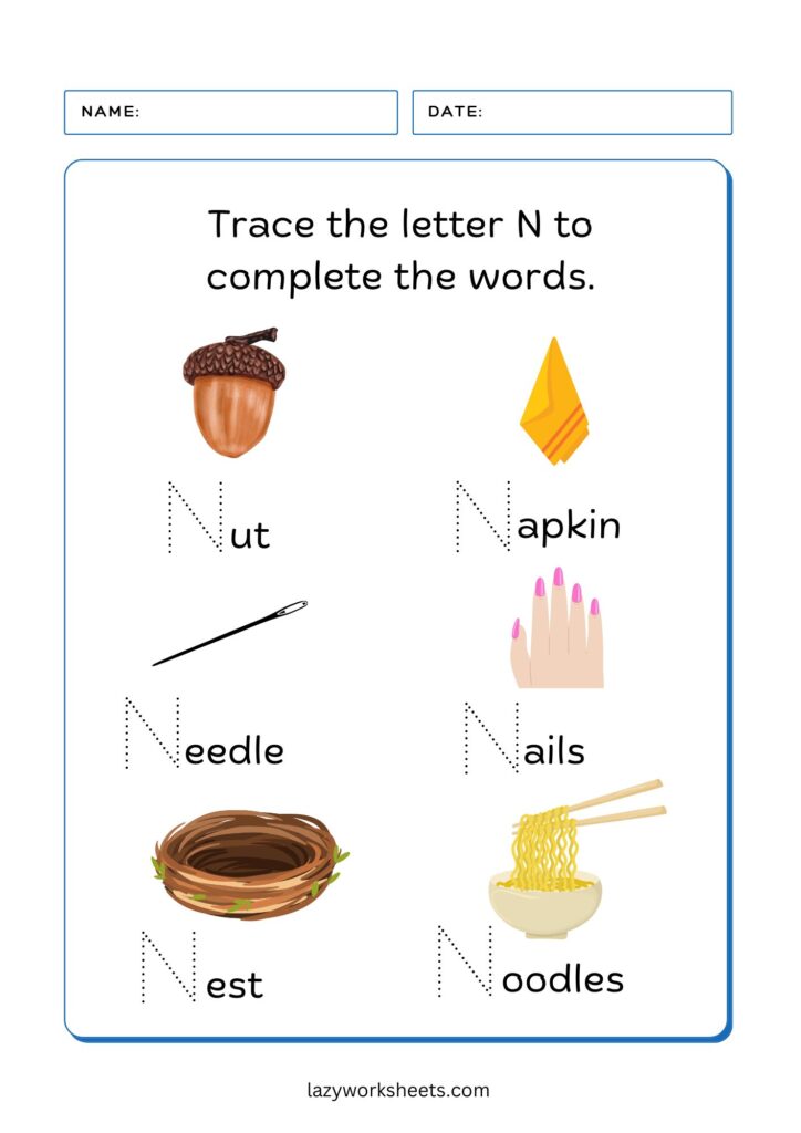 trace the letter N worksheet 4