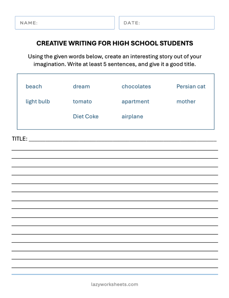 Creative Writing Worksheets for High School | Lazy Worksheets