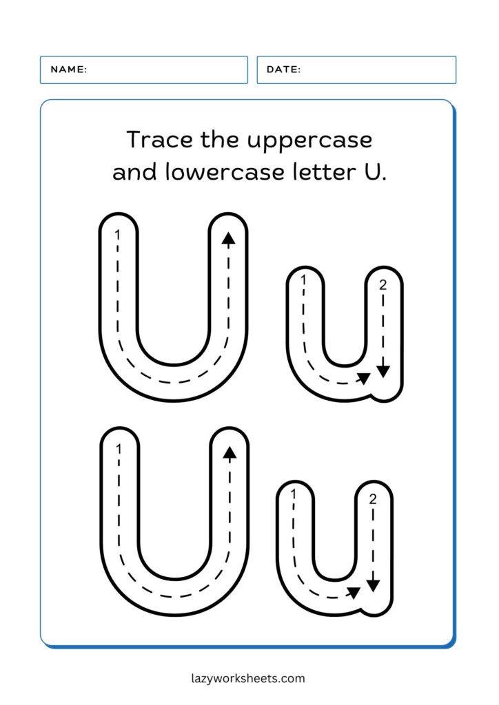 Trace the Letter U Worksheet 3 - Lazy Worksheets
