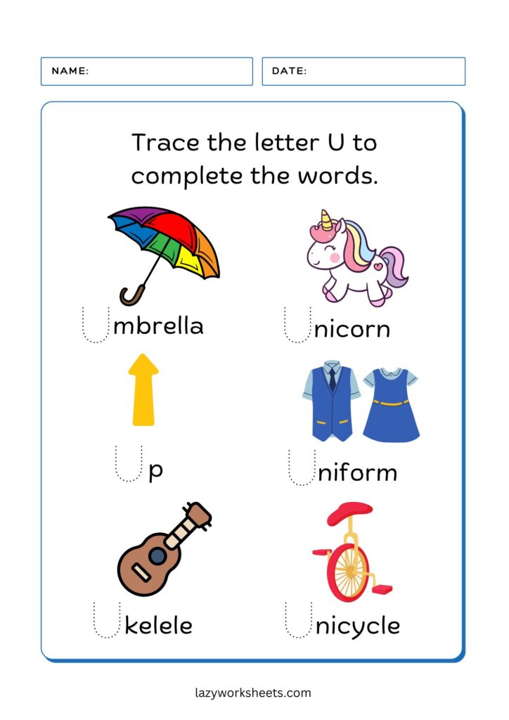 Trace the Letter U Worksheet 4 - Lazy Worksheets