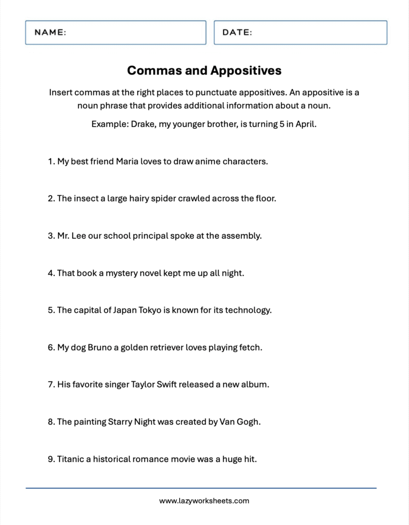 Commas and Appositives Worksheets - Lazy Worksheets