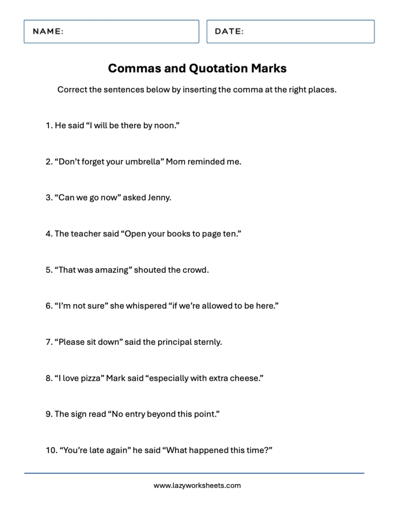 Commas and Quotation Marks Worksheets - Lazy Worksheets