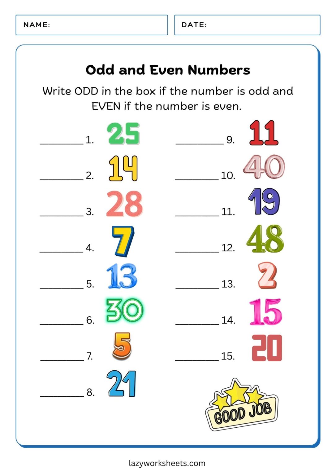 Odd and Even Numbers | Free PDF Sheets | Lazy Worksheets