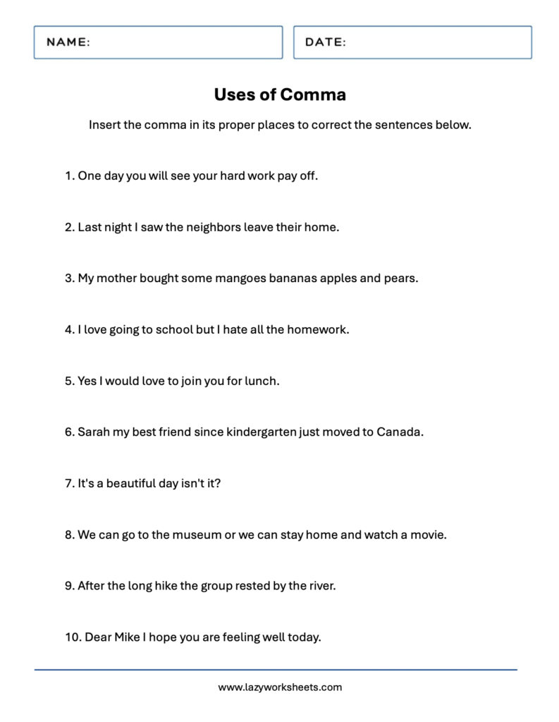 Uses of Comma Worksheets 1 - Lazy Worksheets