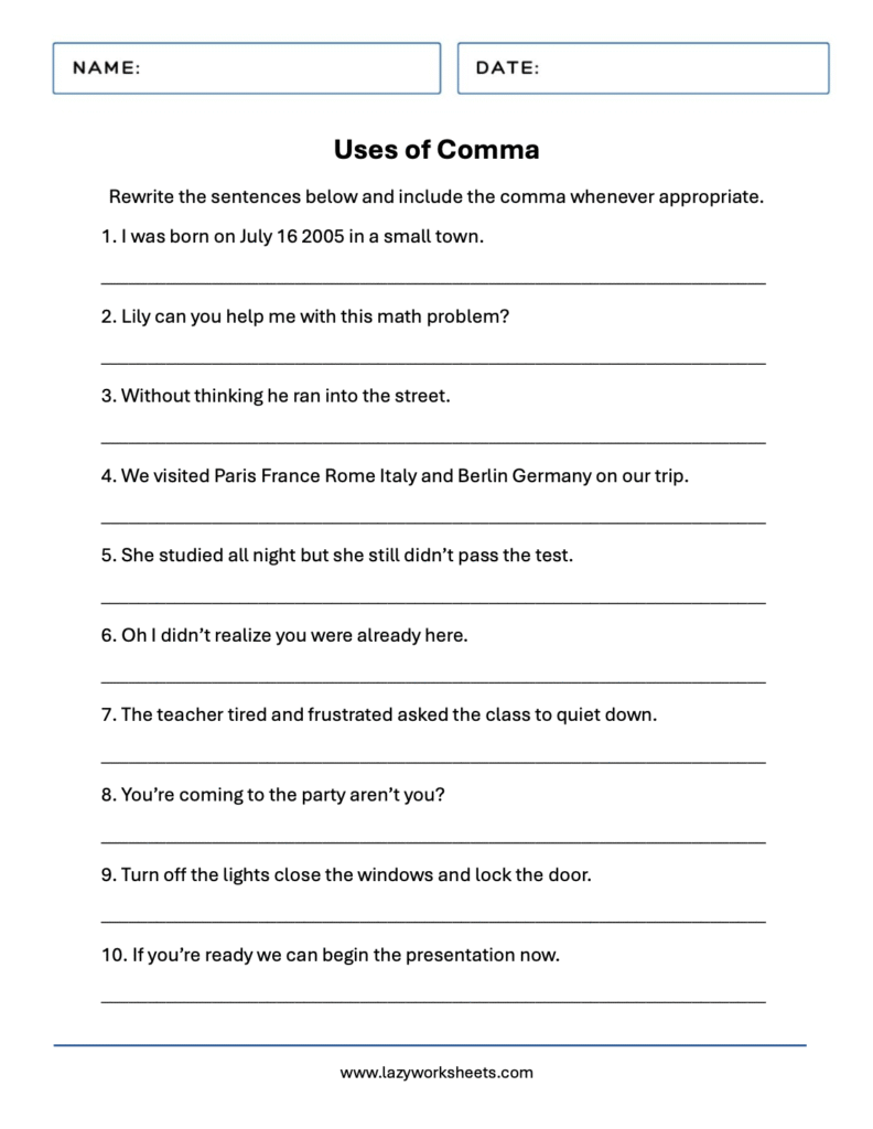 Uses of Comma Worksheets 2 - Lazy Worksheets