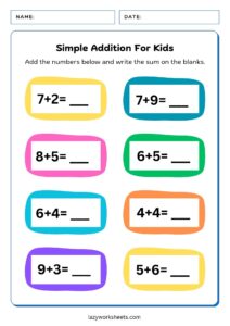 Simple Addition Worksheet For Kids 3 - Lazy Worksheets