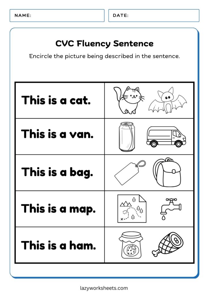 CVC Fluency Practice Sentence Worksheet 1 - Lazy Worksheets