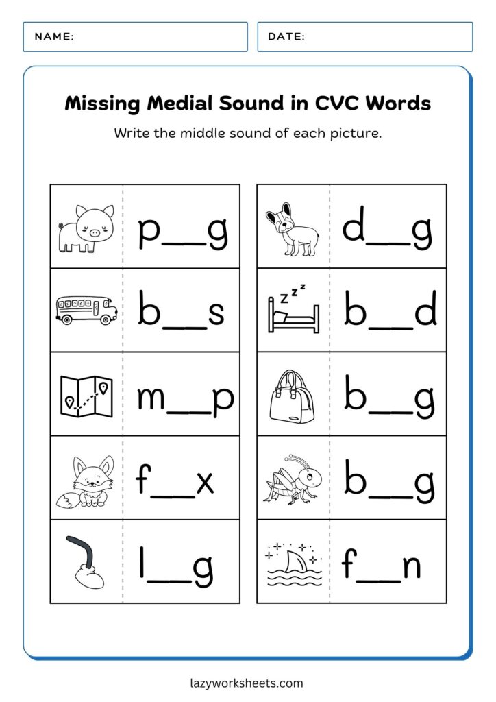 Missing Medial Sound CVC Worksheet - Lazy Worksheets