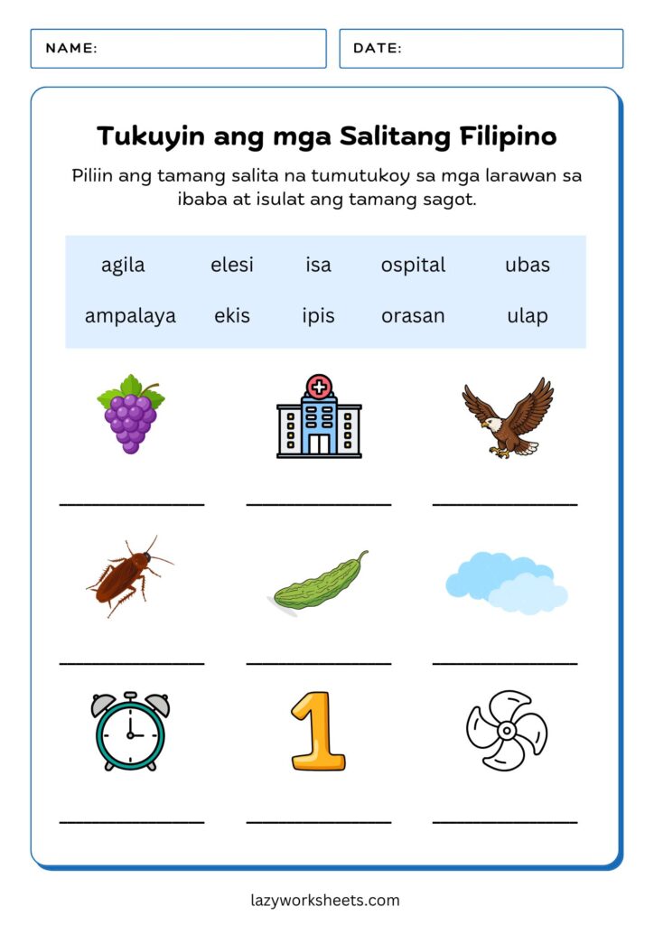 Tukuyin ang mga Salitang Filipino Worksheet - Lazy Worksheets