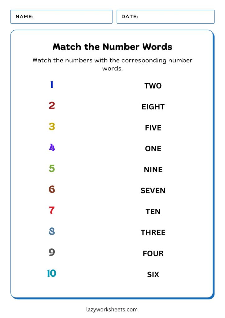 Match the Number Words Worksheet - Lazy Worksheets