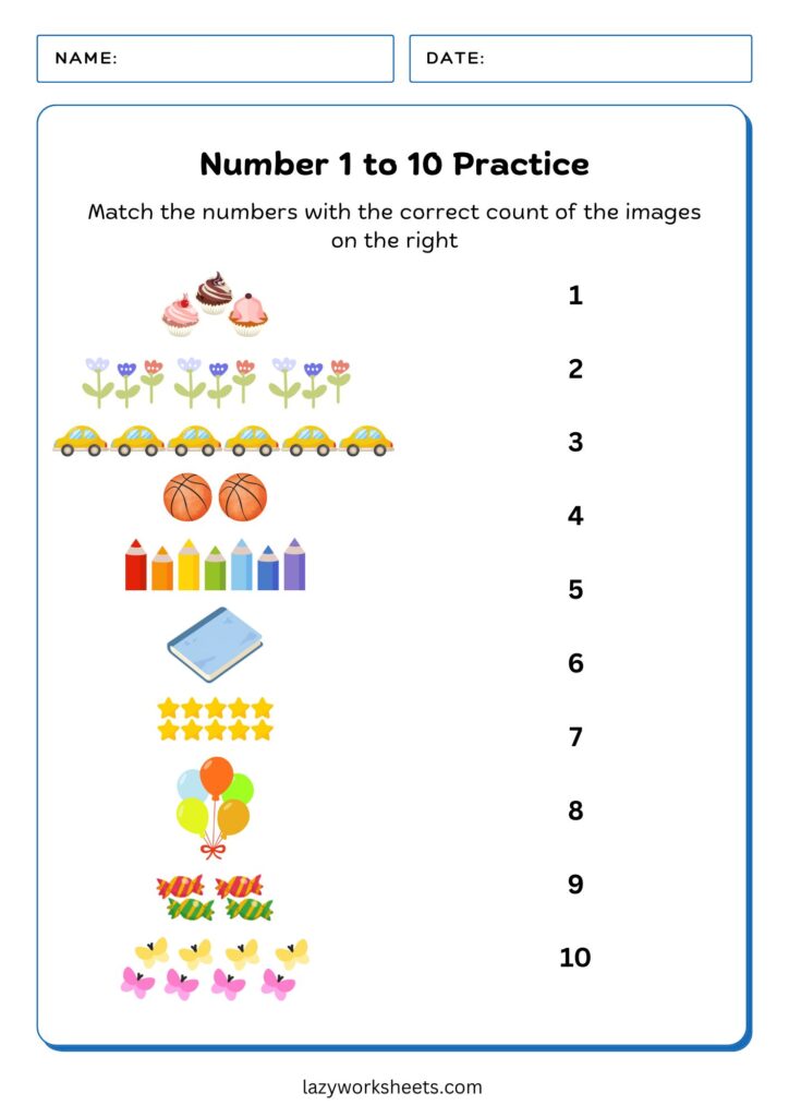 Matching Numbers 1 to 10 Practice Worksheet - Lazy Worksheets