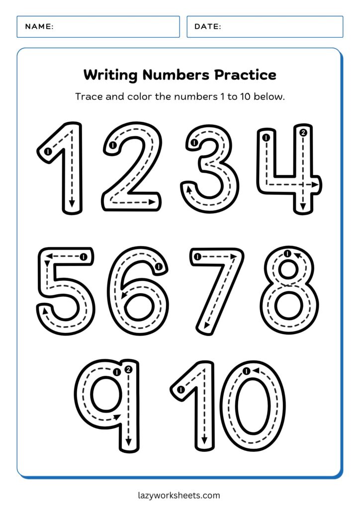 Writing Numbers 1 to 10 Practice Worksheet - Lazy Worksheets