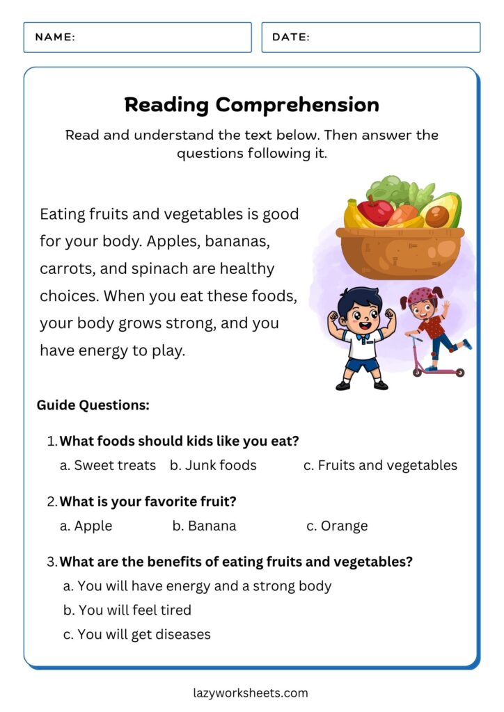 Reading Comprehension Grade 1 Worksheet Fruits Vegetables - Lazy Worksheets