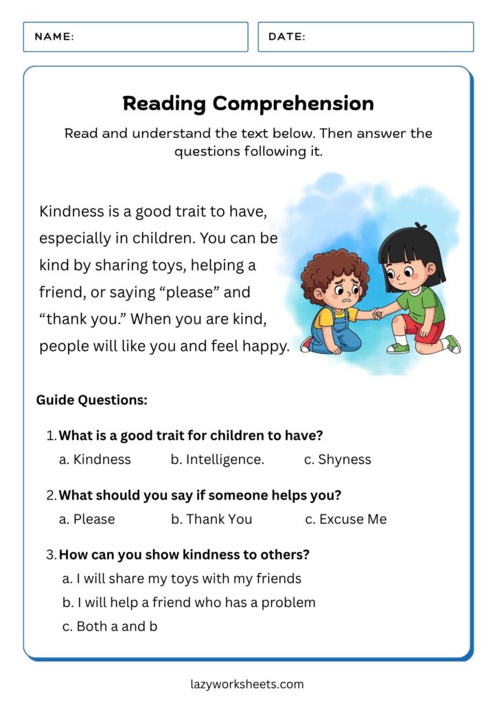 Reading Comprehension Grade 1 Worksheet Kindness - Lazy Worksheets