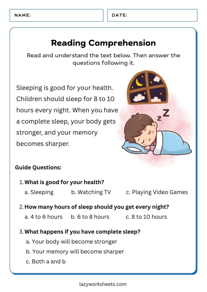 Reading Comprehension Grade 1 Worksheet Sleep - Lazy Worksheets