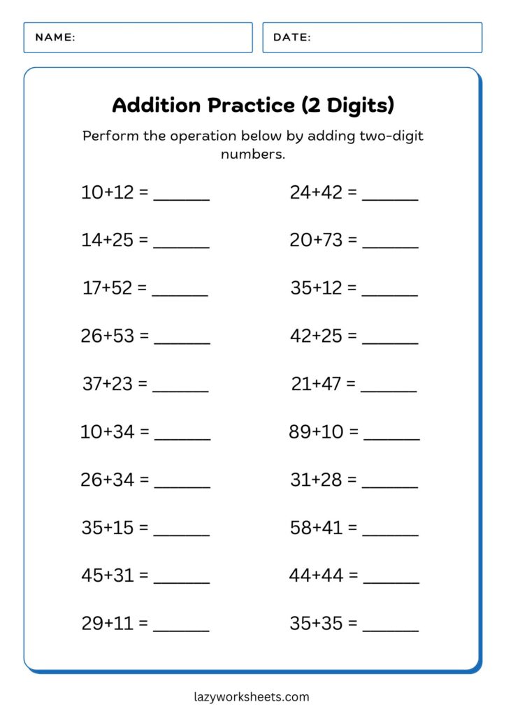 Simple Addition Practice 2 Digits Horizontal Worksheet 1 - Lazy Worksheets