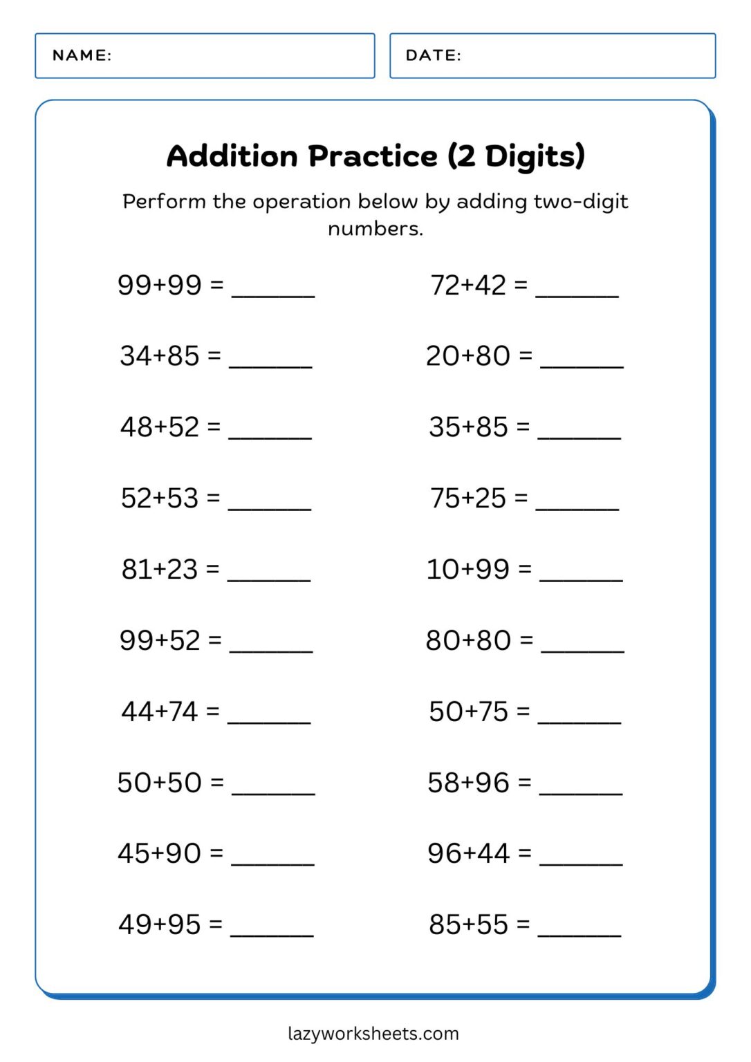 Addition Practice (2 Digits) | Free PDF Sheets | Lazy Worksheets