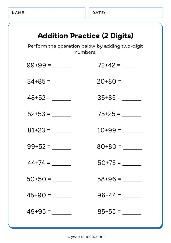 Simple Addition Practice 2 Digits Horizontal Worksheet 2 - Lazy Worksheets