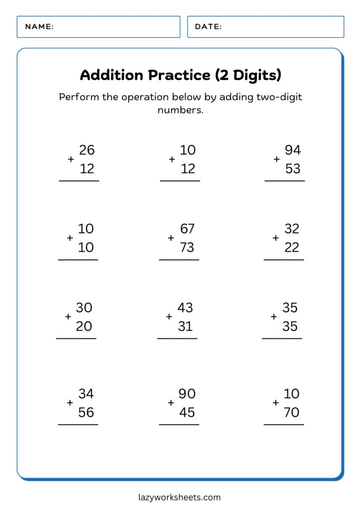 Simple Addition Practice 2 Digits Vertical Worksheet- Lazy Worksheetsjpg