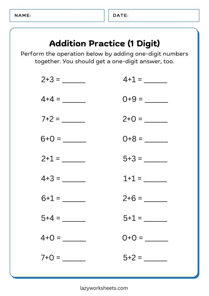 Simple Addition Practice One Digit Worksheet 1 - Lazy Worksheets