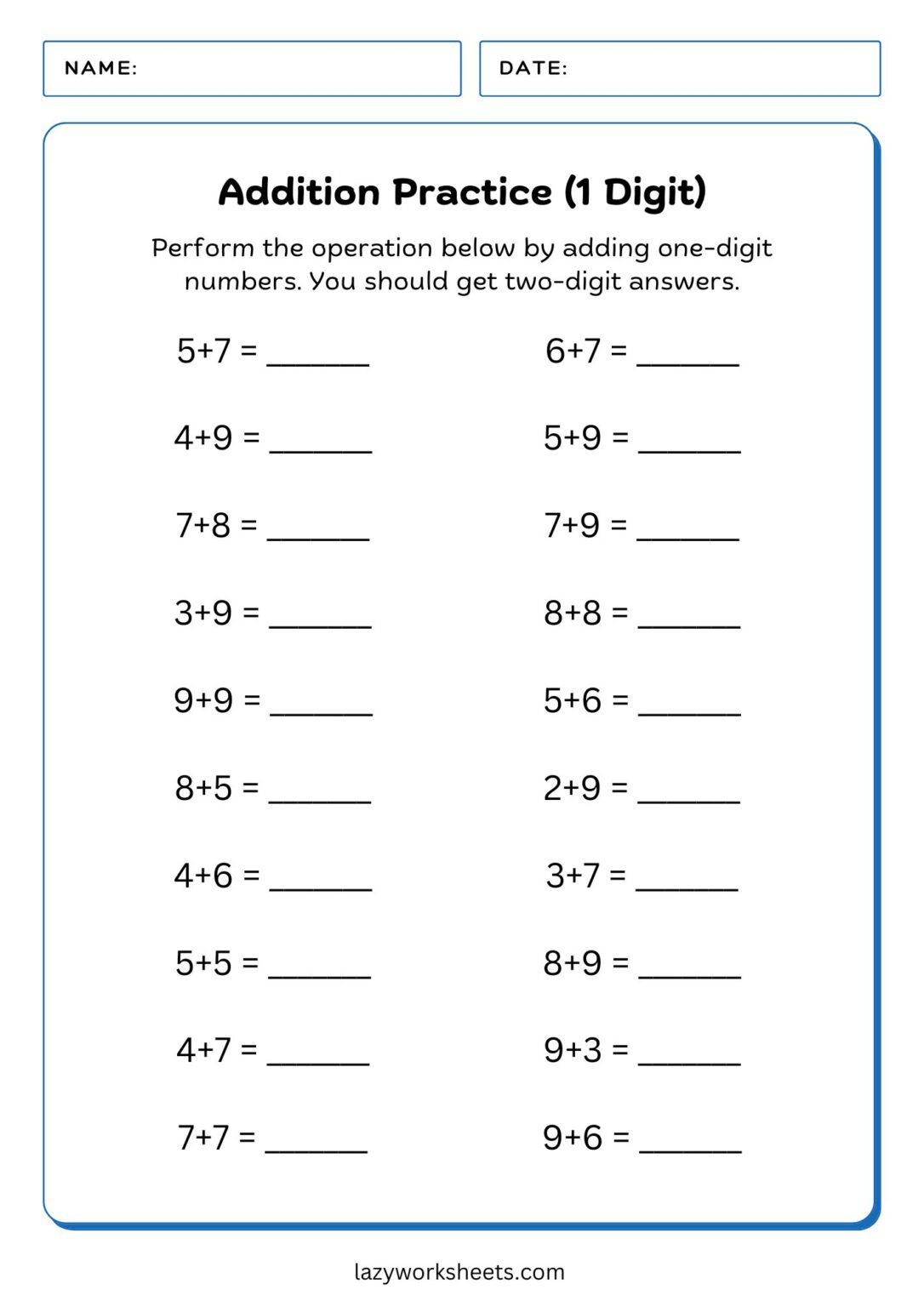 Simple 1 Digit Math Simple Addition Practice (One Digit) | Free PDF | Lazy Worksheets