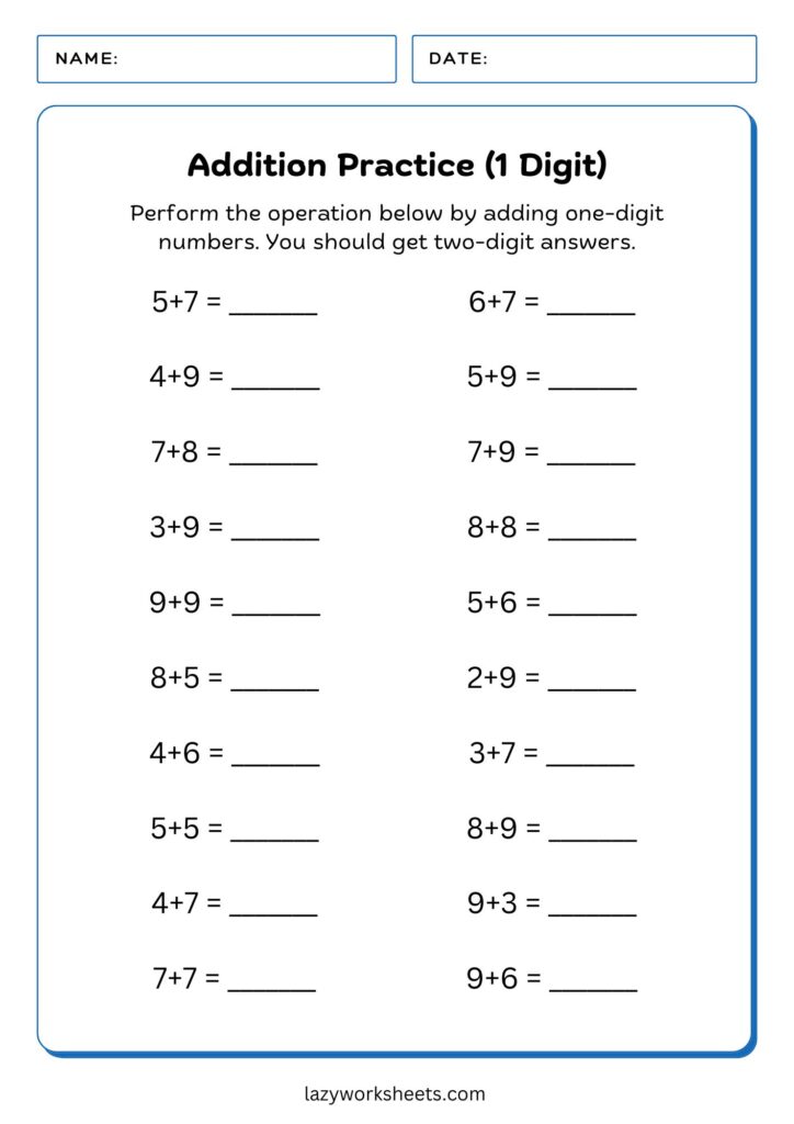 Simple Addition Practice One Digit Worksheet 2 - Lazy Worksheets