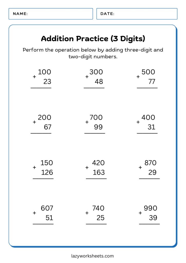3-Digit Addition Practice Worksheet 1 - Lazy Worksheets