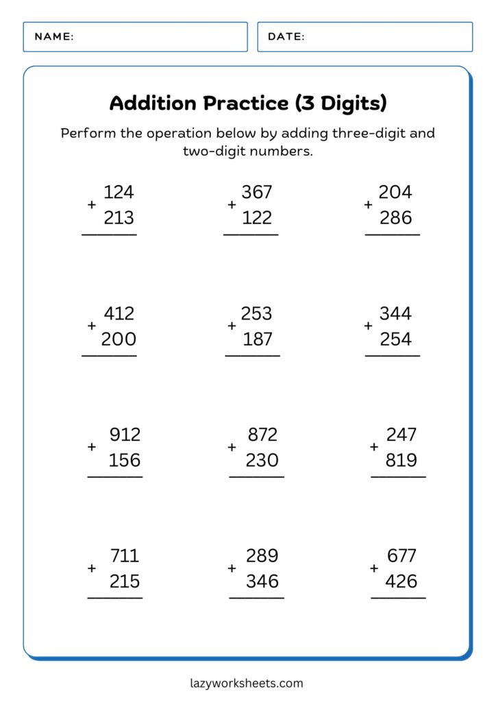 3-Digit Addition Practice Worksheet 2 - Lazy Worksheets