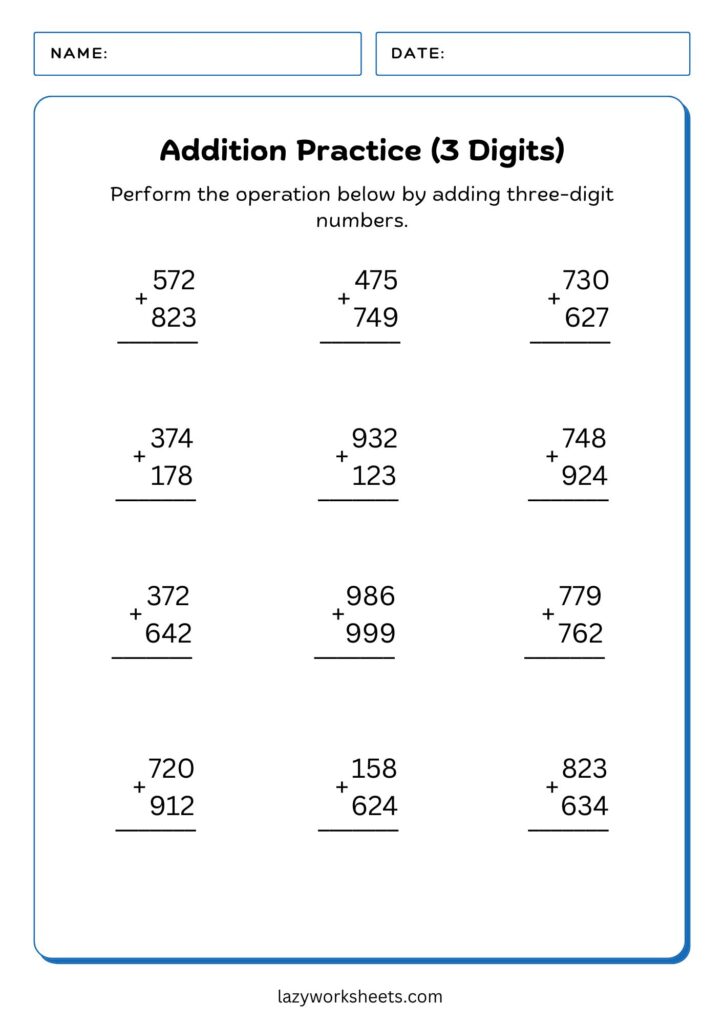 3-Digit Addition Practice Worksheet 3 - Lazy Worksheets