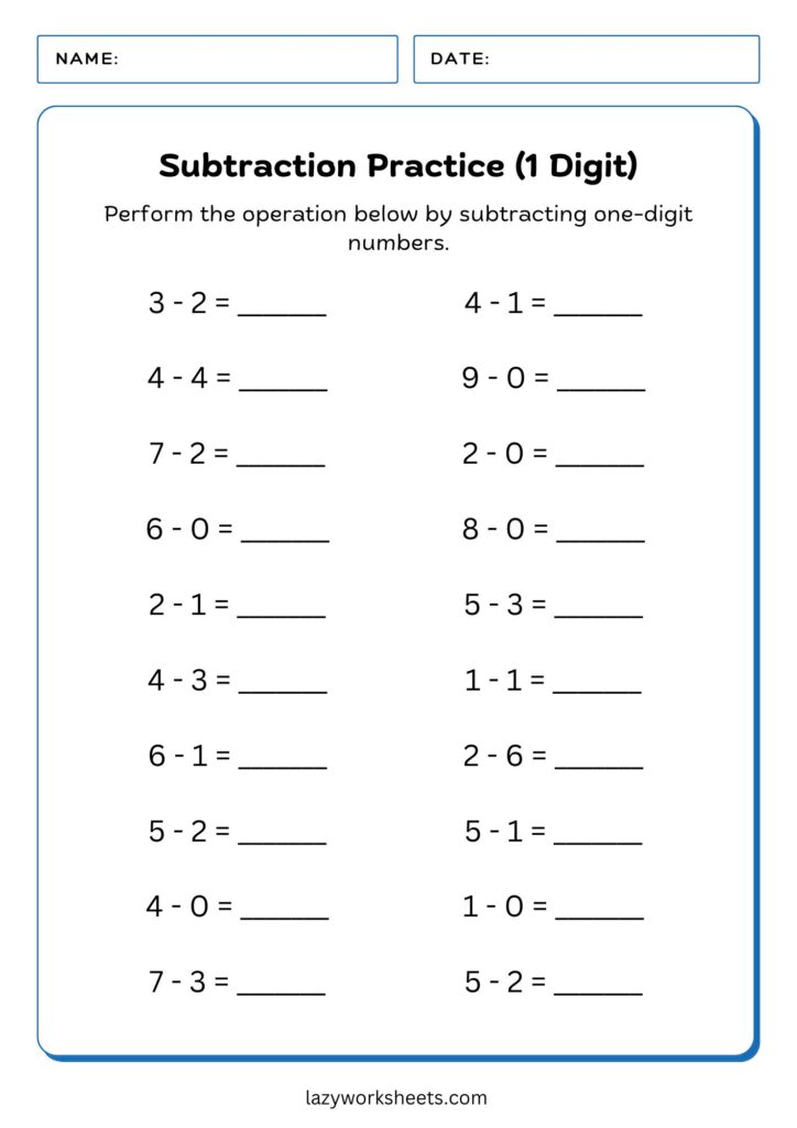 Simple Subtraction Worksheets (One-Digit) 1 - Lazy Worksheet