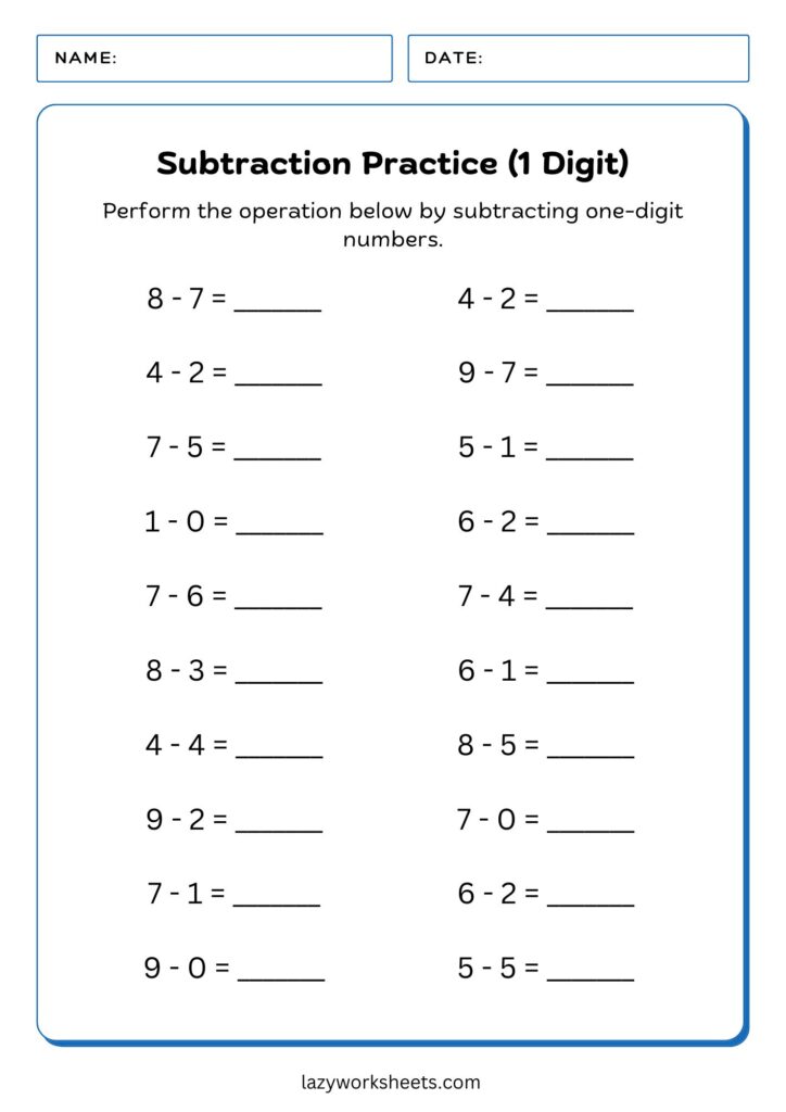 Simple Subtraction Worksheets (One-Digit) 2 - Lazy Worksheet