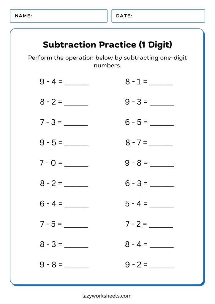 Simple Subtraction Worksheets (One-Digit) 3 - Lazy Worksheet
