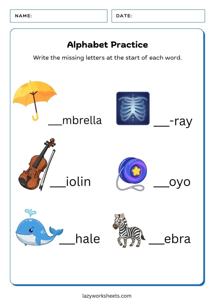 Alphabet Practice - Starting Letters Worksheet U-Z
