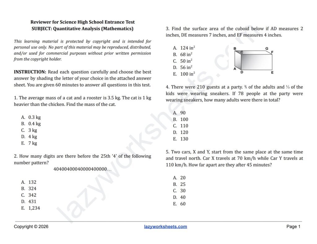 Free NCE Reviewer for Quantitative Ability Mathematics - Lazy Worksheets